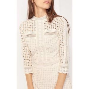 NWT BA&SH Lace Cutout Ecru Cocktail Ruffle Hem Mock Neck Dress Size 3/US 10